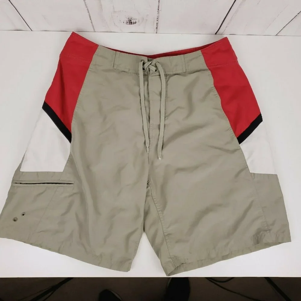 BODY GLOVE Mens Board Shorts Logo Patch Draw String Surfer Size 34 Red‎ & Tan